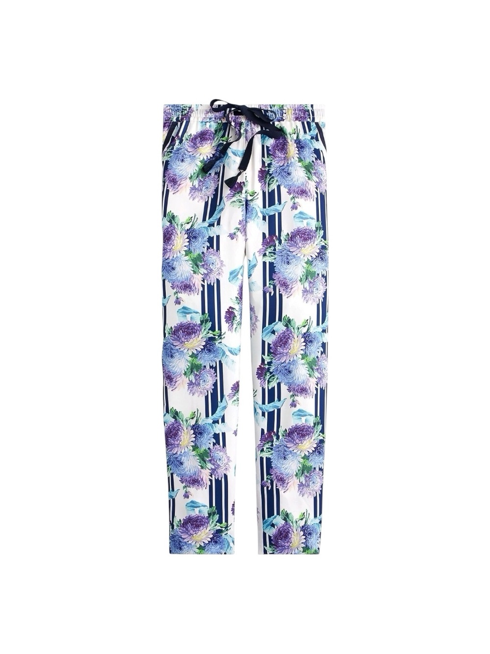 J Crew Blue Purple Floral Print Pull-On Pants Elastic Waist Pockets 8